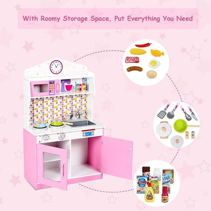 GLACER Kids Kitchen Playset, Wooden Pretend Cooking Set w/Removable Sink, Food & Cookware Accessories, Top Display Shelf, Play Kitchen Toy Set, Realistic Cooking for Toddlers (Pink)