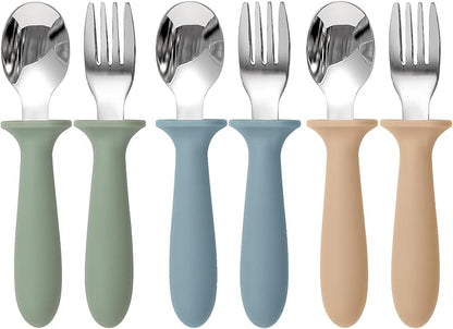 Toddler Utensils, 6 Pack kids Silverware Set with Silicone Handle, 18/8 Stainless Steel Children Safe Forks and Spoons, Dishwasher Safe