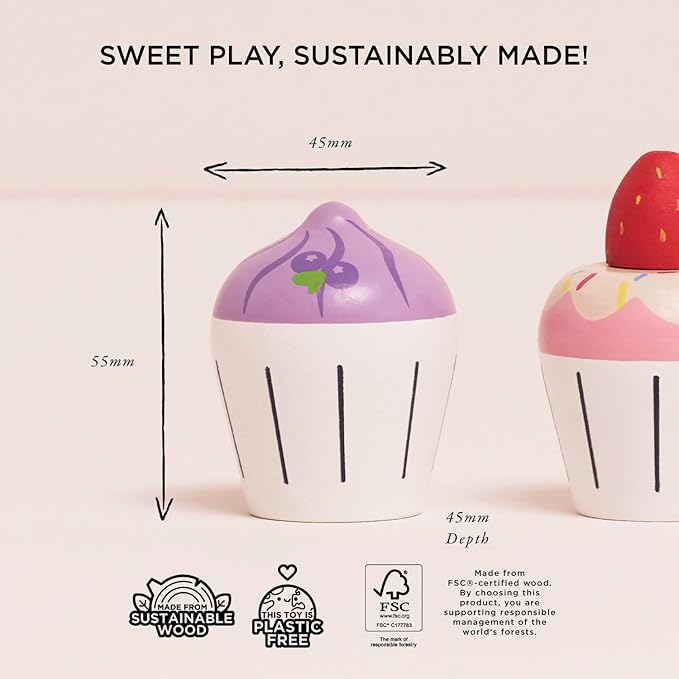 Le Toy Van - Adorable Honeybake Petit Four Cupcakes | Childrens Wooden Food Pretend Toy Cakes | Birthday Cake Or Afternoon Tea Role Play Toy (TV331)