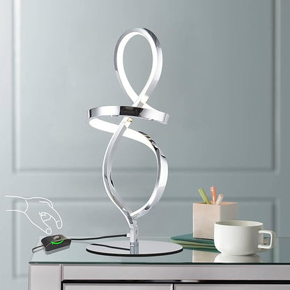 Mayful Modern Table Lamp with LED Spiral Design, Bedside Lamp with Stepless Dimming Switch, Contemporary Nightstand & Chrome Table Lamp for Bedroom, Living Room, Home Office, 12W 3200K Warm White