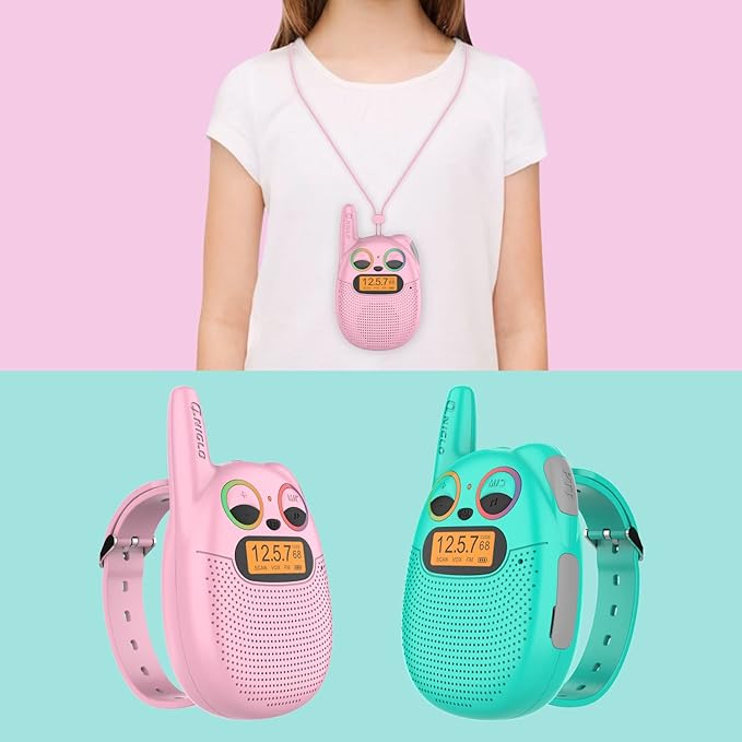 Qniglo Walkie Talkies for Kids Rechargeable, 2 Pack with FM Handheld Walki Talki with Wearable Lanyard & Wrist for Outdoor Camping Games & Birthday Xmas Toys Gifts for Boys Girls Kids