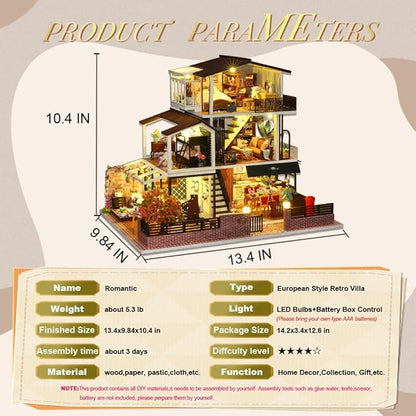 Yuzhen DIY Miniature Dollhouse with Furniture and LED Lights, European Style Villa Wooden Dollhouse Includes Dustcover and Music Movement, Exquisite Home Decor