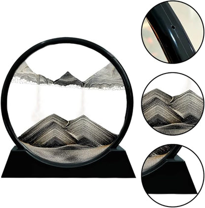 Aoderun Moving Sand Art Picture Round Glass 3D Deep Sea Sandscape in Motion Display Flowing Sand Frame Relaxing Desktop Home Office Work Decor (7", Black)
