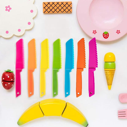 7 Pieces Plastic Kid Kitchen Knife Set, Reusable Nylon Chef Knife Children's Safe Cooking Knives for Baking, Fruit, Bread, Cake, Lettuce Knife, Salad Knife