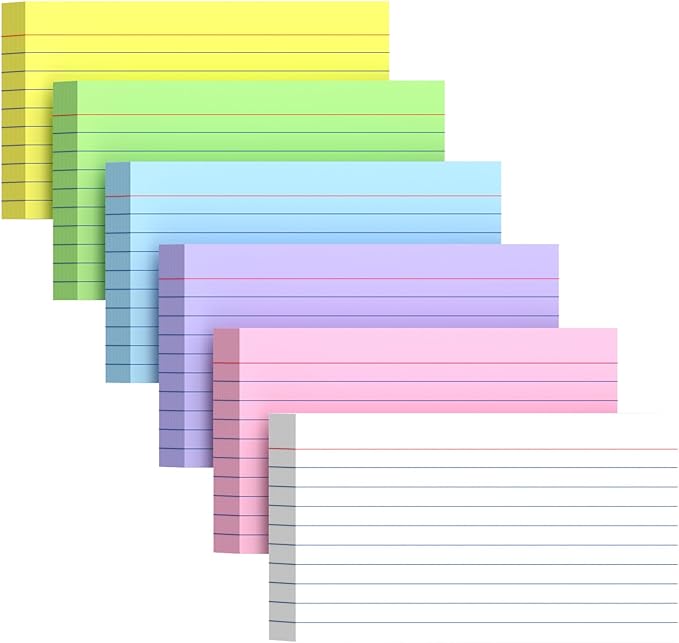 300 Count Index Cards 3x5 Inch Colored - 180gsm Heavyweight Flash Card (50 Sheets Each), Durable & Portable Note Taking for Students, Teachers, Study Flashcards for School Office Home