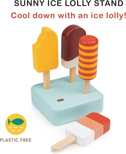 Mentari Toys - Sunny Ice Lolly Stand - 5pc Wood Ice Lolly Popsicle Play Food Set with Base - Pretend Play Food Accessories - Encourage Role Play and Develop Social Skills - Gift for Toddlers - Age 2+