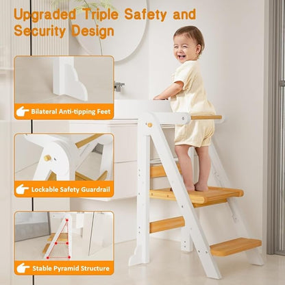 Toddler Tower, Foldable Step Stool for Toddlers, Toddler Kitchen Stool Helper with 3 Adjustable Height Safty Rail and Anti-Tip Structure, Learning Tower for Toddlers Baby Kids