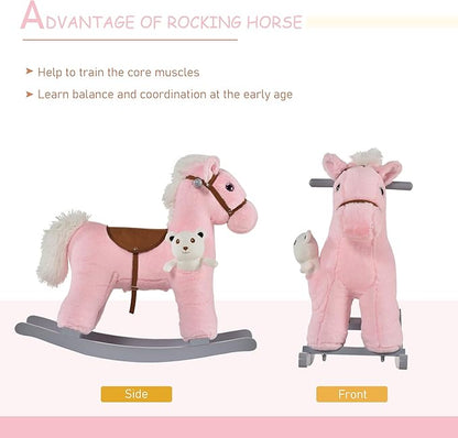 Qaba Kids Plush Ride-On Rocking Horse with Bear Toy, Children Chair with Soft Plush Toy & Fun Realistic Sounds, Pink