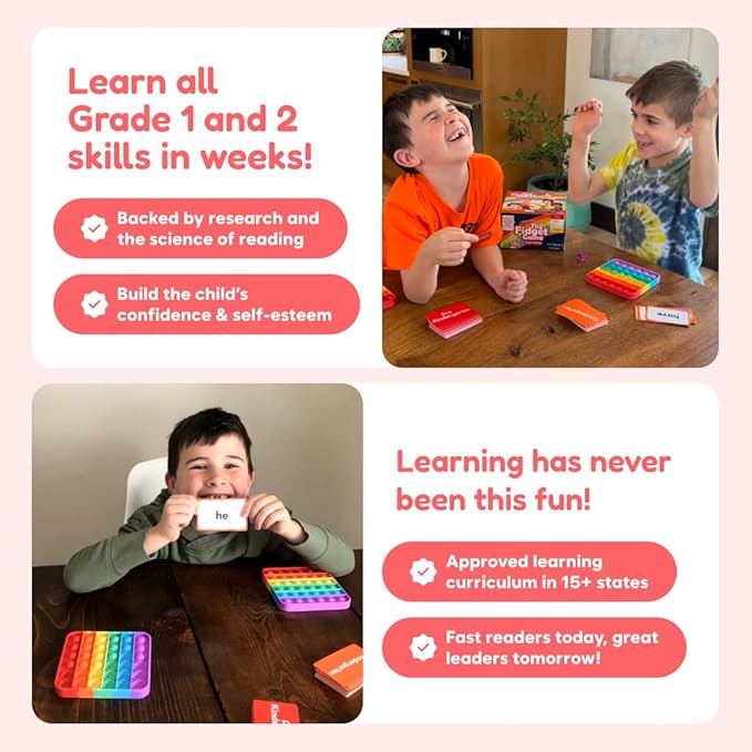THE FIDGET GAME Grades 1 and 2 Learning Bundle - Flashcards and Pop Fidget Toys for Kids - Learning Activities and Games for High-Frequency Dolch Sight Words, Math, and Time - Includes Mats and Dice