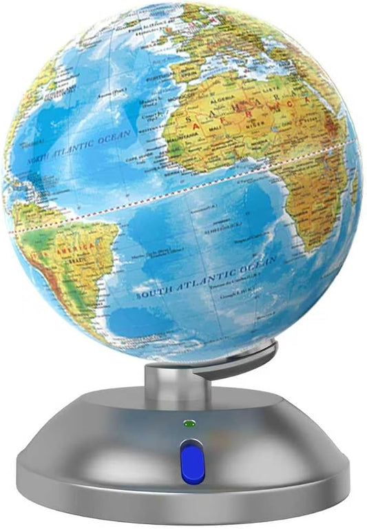 360° rotating globe, independently supported by a beautiful silver plastic base with a switch, 9-inch design, built-in LED night light, color high-definition visual map details, children's geography education, study and office decoration, living room d...
