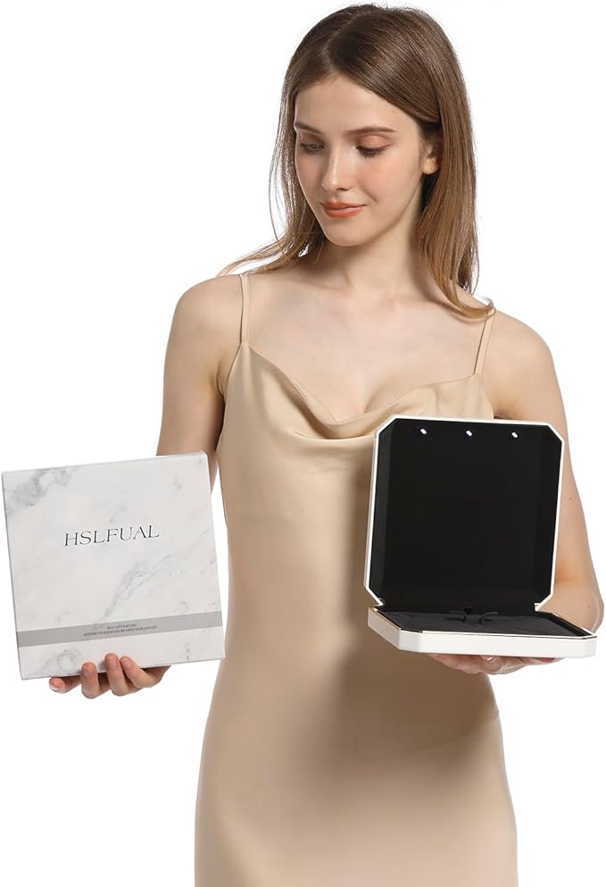 HSLFUAI Necklace Box with Led,Jewelry Box for Necklace, Jewelry Gift Box for Wedding, Birthday, Valentine' Day, Mother'S Day, Christmas,Black Velvet Interior Necklace Box(White)