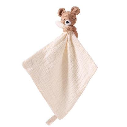 Baby Animal Plush Toy with Rattle, Baby Crochet Teddy Bear Security Blanket, Soothing Toy, Gift for Boys and Girls 12 in
