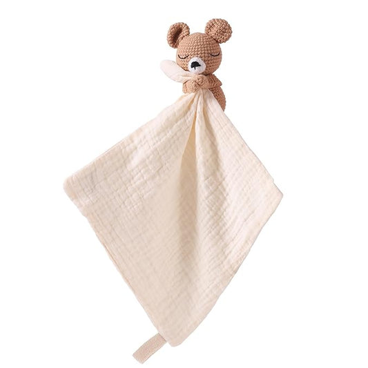 Baby Animal Plush Toy with Rattle, Baby Crochet Teddy Bear Security Blanket, Soothing Toy, Gift for Boys and Girls 12 in