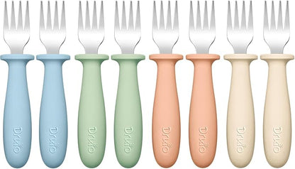 DRKIO 8 Pieces Toddler Forks Set - Baby Forks with Silicone Handle Children safe 18/8 Stainless Steel Toddler Utensils Set for Self Feeding Kids Silverware Anti-Choke Design Food Grade Dishwasher Safe