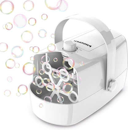 Bubble Machine, 3-in-1 Bubble Maker, Automatic Bubble Blower with 3 Bubble Wands, 8000+ Colorful Bubbles for Kids Toddlers, Operated by Plug-in or Batteries for Indoor Outdoor Birthday Party