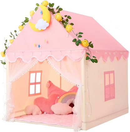 Wilwolfer Kid Tent with Mat, Star Lights - Kids Play Tents for Toddlers Kids Tents Indoor Playhouse - Princess Tent for Girls Toy House Gift (Pink with Mesh)