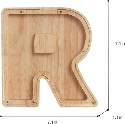 Wooden Alphabet Piggy Bank Clear Acrylic Panel Coin Savings Box Personalized Money Bank for Kids Boys Girls Adults, Birthday Home Décor(R)