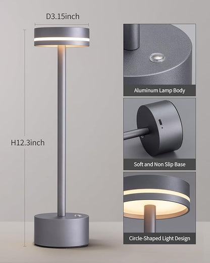 PUSU Portable Table Lamp Battery Powered LED Lamp Cordless Table Lights 3-Level Brightness Touch Control, for Home Office Bedroom Hotel Room Restaurant Outdoor(Gray)