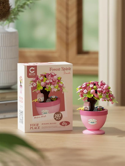 Peach Retreat Mini Bonsai Tree Micro Building Set Building Toy Plant Cherry Tree Flower Collection Decor for Home Desk Greenery Decoration Building Blocks DIY Creative Gifts