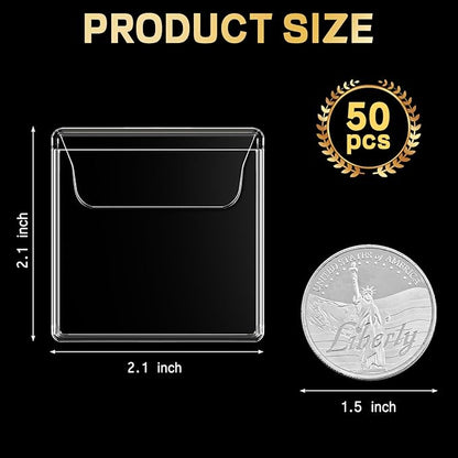 50PCS Single Pocket Coin Sleeves, 2.1 x 2.1 Inches Clear Plastic Coin Holders Individual Coin Protectors Small Pouches for Coin Currency Bills Collectors