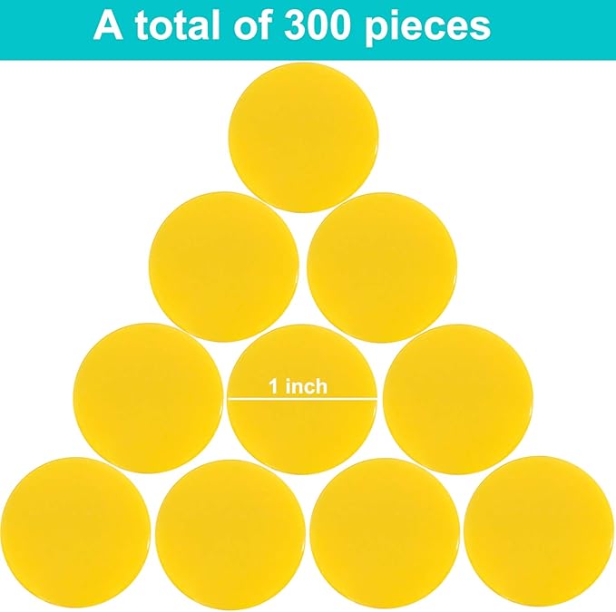 Coopay 300 Pieces Plastic Learning Counters Disks Bingo Chip Counting Discs Markers for Math Practice and Poker Chips Game Tokens,1 Inch (Yellow Style 1)