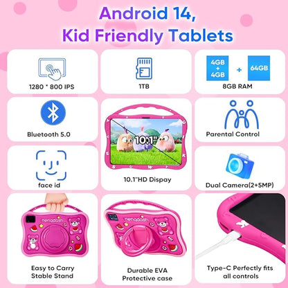 Kids Tablet, 10.1 inch Tablet for Kids 3-10, Educational Learning Toddler Tablet Android 14, 8GB RAM+64GB ROM Storage, 5G WiFi, Baby Girl boy Gift (Red)
