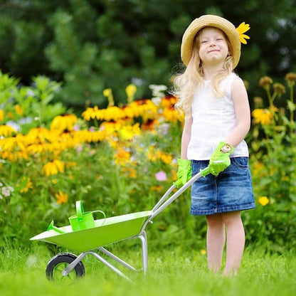 Kids Wheelbarrow Set Metal, Child Wheel Barrel Green Easy to Assemble and Kids Gardening Tools Kit, Garden Toys with Small Wheel Barrow, Outdoor Indoor Toys Gift for Children