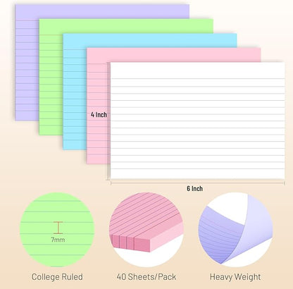 200 Pcs Colored Index Cards 4 x 6 Inch Ruled Index Cards, College Ruled Flash Cards for School, College, Office and Home Organization, Durable Study To Do List Note Cards with Lines, 5 Pack of 40