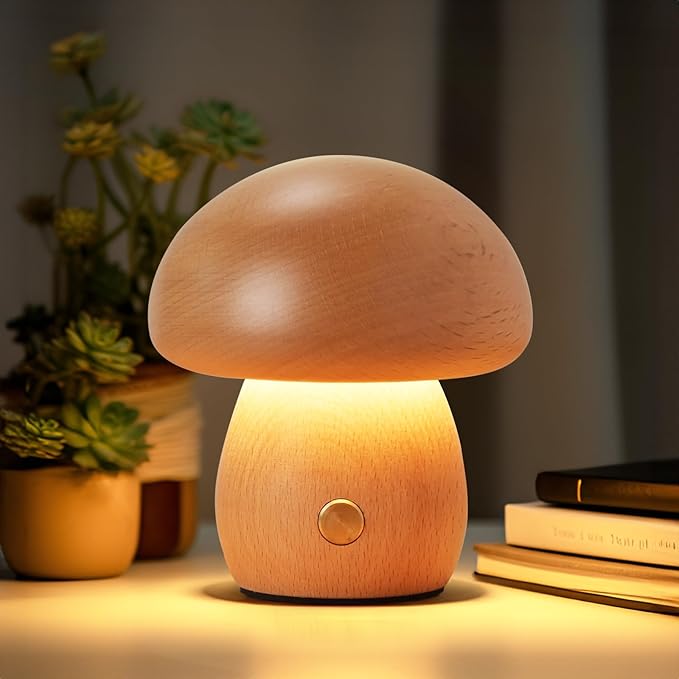 Wooden Mushroom Lamp, Portable Cordless Rechargeable Battery Operated Lamp,Stepless Dimming, Night Light for Birthday Gifts