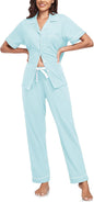 CF Womens 100% Cotton Pajamas Set Button Down Pjs Sets Short Sleeve Top & Long Pants Sleepwear Comfy Loungewear with Pockets