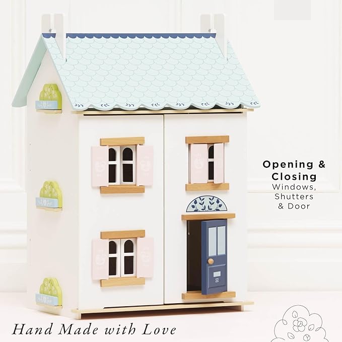 Le Toy Van – Blue Belle Wooden Doll House | Girls & Boys 3 Storey Wooden Dolls House Play Set - Suitable for Ages 3+