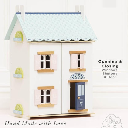 Le Toy Van – Blue Belle Wooden Doll House | Girls & Boys 3 Storey Wooden Dolls House Play Set - Suitable for Ages 3+