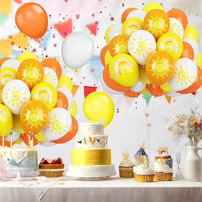 FEYG Sun Balloons, 12 inch Yellow Orange White Latex Balloons Boho Rainbow Sunrise Printed Latex Balloons Half Sun Sunshine Balloons for Sun Party Birthday Baby Shower Decoration Supplies