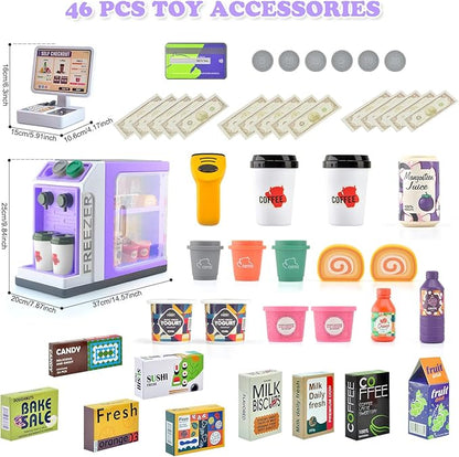 Pretend Play Cash Register Toy Set with Scanner, Play Money, Calculator, Coffee Machine and Play Food for Kids Ages 3+ (Purple)