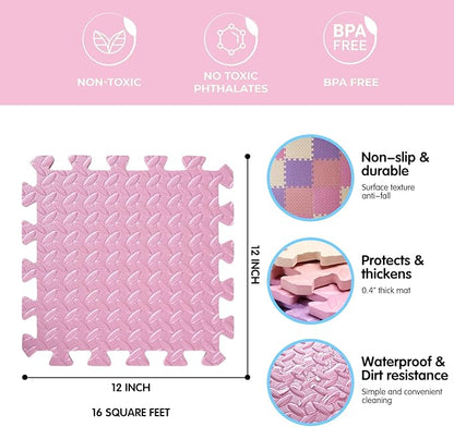 16-Tile Soft & Safe EVA Foam Play Mat for Baby - Square, Solid Colored Kids Puzzle Floor Mat, 47x47 - Purple/Pink/Loli Pink/Beige