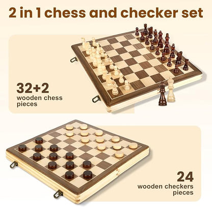 LEAP Magnetic Wooden Chess Sets 15.5 inch Foldable Chess Board 3 inch King Height Chess Pieces, Upper Checker Storage Slots for Beginer, Adults