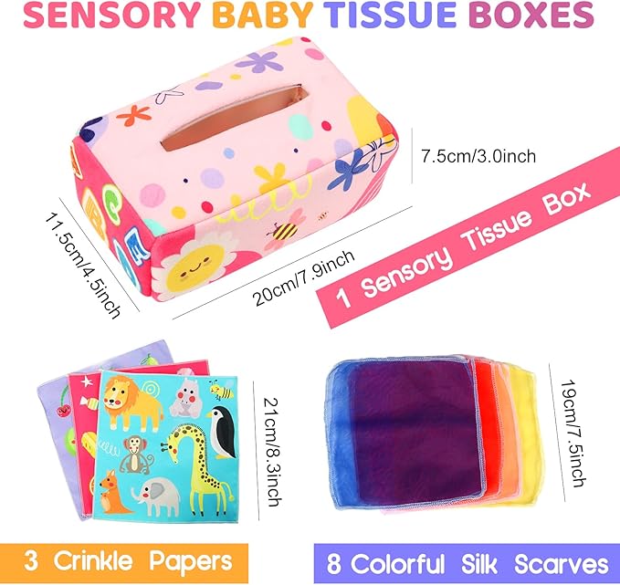 Baby Tissue Box - Montessori Toys for 6-12 Months, 1 Year Old - Soft Stuffed High Contrast Crinkle Infant Sensory Toy, Boys&Girls Toddler Early Learning Baby Gifts