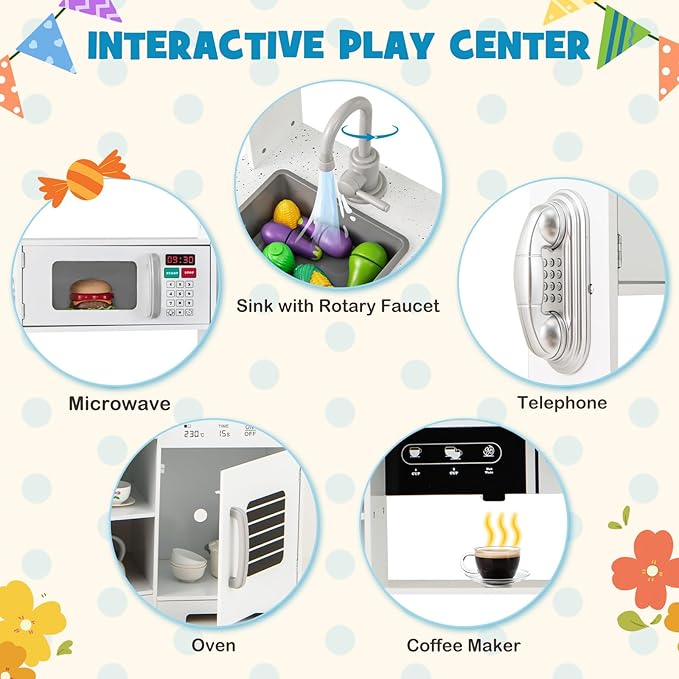 Costzon Corner Kids Kitchen Playset, Wooden Toy Kitchen Set with Range Hood, Ice Maker, Pretend Telephone, Sink, Faucet, Microwave, Oven, Play Kitchen with Lights and Sounds for Toddlers (White)
