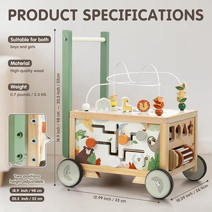 Joyreal Wooden Baby Walker - 9-in-1 Baby Push Walker with Activity Cube, Push Activity Walker for Boys and Girls, Sit-to-Stand Learning Walker Activity Center, Speed & Height Adjustable