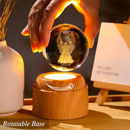 Guardian Angel Gifts 2.36in 3D Engraved Angel Crystal Ball with Rotatable Warm Light Wood Base, Guardian Angel Figurines Memorial Gifts for Women Mom Friends