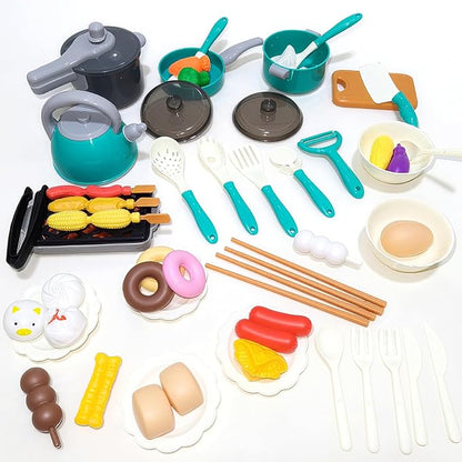 Kids Kitchen Toy Accessories, 61PCS Toddler Pretend Cooking Play Pots, Kitchen Playset, Play Pots, Pans, Utensils Cookware Toys, Play Food Set, Vegetables, Learning Gift for Girls Boys (Green)
