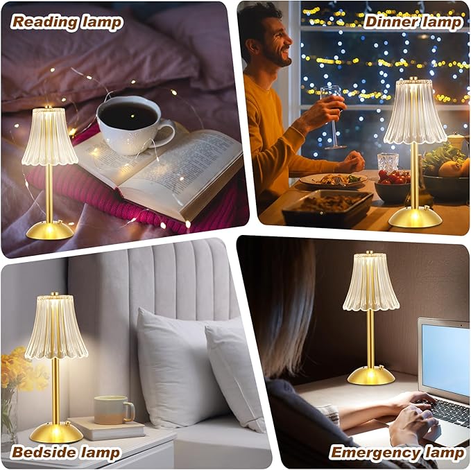 Liliful 1 Pcs LED Portable Cordless Table Lamp Touch Battery Operated Rechargeable Gold Desk Lamp 3 Color Dimmable for Bedroom Living Room Dining (Gold,Rose Style)