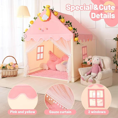 Wilwolfer Kid Tent with Mat, Star Lights - Kids Play Tents for Toddlers Kids Tents Indoor Playhouse - Princess Tent for Girls Toy House Gift (Pink with Mesh)