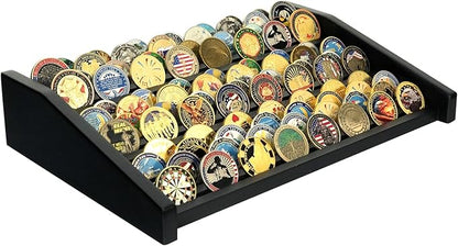 Challenge Coin Display Holder, 12 Rows Solid Wood Military Coin Stand Holds 80-100 Coins, Army Coin Display Rack for Desk (Black Finish)