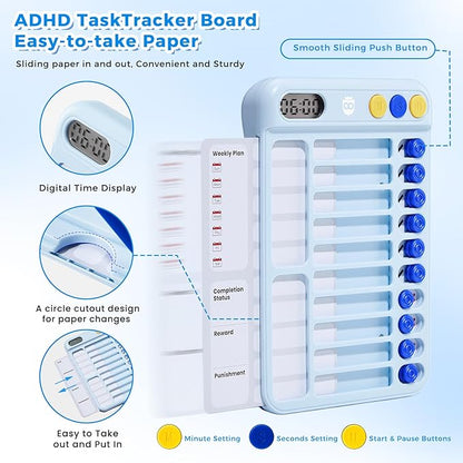 Magnetic Chore Chart for Kids with Timer, Visual Schedule for Kids, ADHD Tools for Kids to Do List, Checklist with 99-Min Countup/Countdown Chore Board with Sliders & 12 Dry-Erase Sheets (Blue)