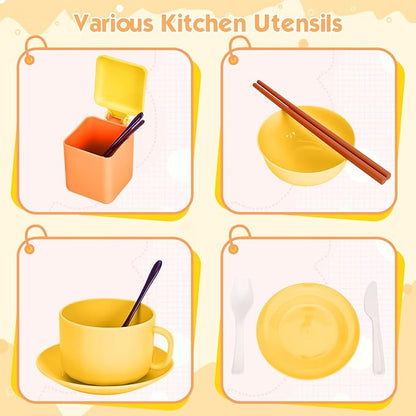 56Pcs Mini Play Kitchen Accessories for Kids, Pretend Cooking Playset with Cookware, Tableware & 2 Fruit Sets, Learning Gift for Girls, Boys, Toddlers, Yellow