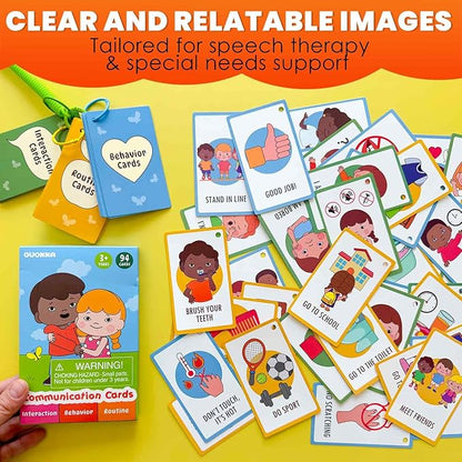 QUOKKA Autism Learning Materials - Communication Cards for Kids - 94 Visual Flashcards with 3 Rings & Clip
