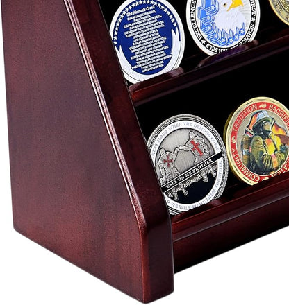 3 Rows Wooden Challenge Coin Wall Display Stand - Military Coin Holder Army Coins Rack, Holds 21-24 Coins, Mahogany