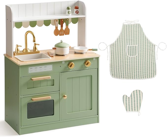 ROBOTIME Play Kitchen for Kids Toddlers, Wooden Pretend Play Kitchen Set Toy with Cutting Food Set, Toys Kitchen Gift for 3+ Year Old Kids, Girls & Boys