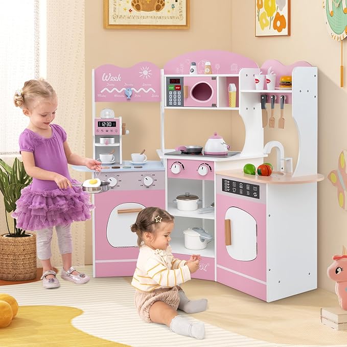 HONEY JOY Corner Play Kitchen, Toddler Wooden Toy Kitchen Set w/Lights, Coffee Maker, Microwave, Sink, Faucet, Little Chef Pretend Play Kids Kitchen Playset for Boys Girls (Pink)